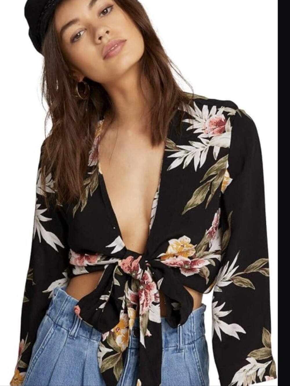 NWT Skillz Floral Tie-Front Black Crop Blouse